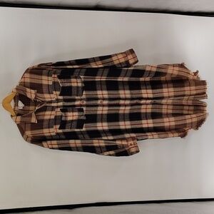 OLI & HALI Plaid Snap Down Mid Length Shacket Large Pockets Brown